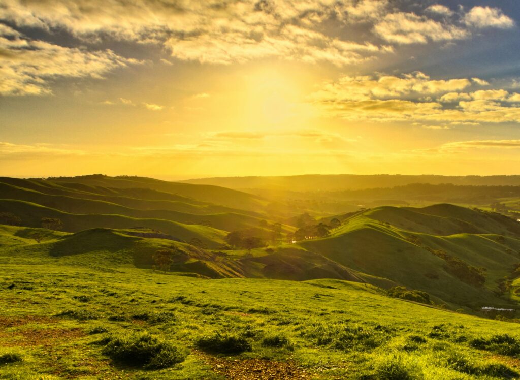 rolling hills at sunset